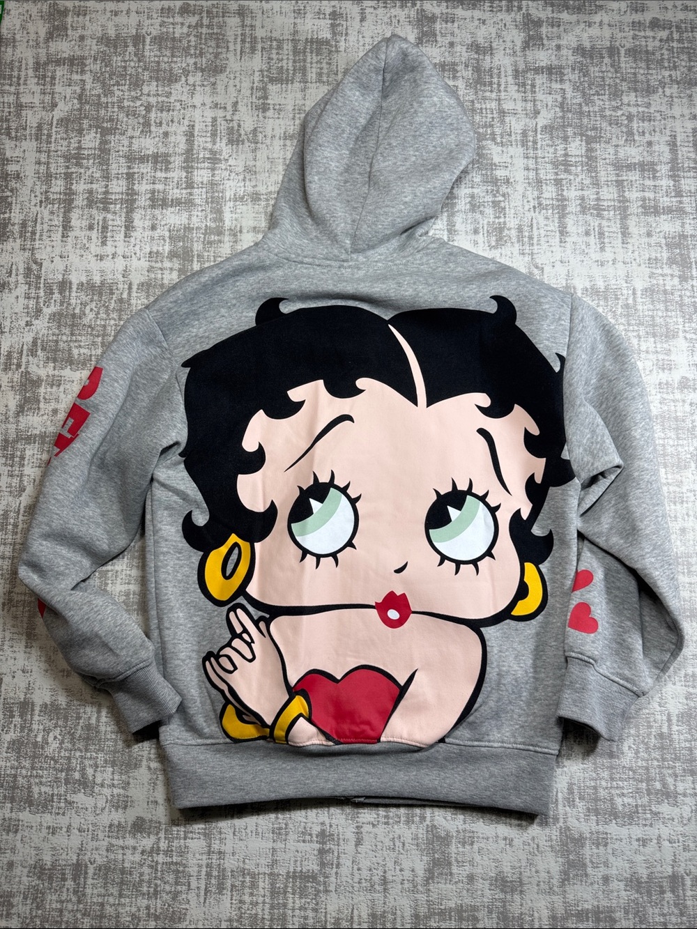 Betty Boop Gray Zip-Up Hoodie with Red Logo and Hearts size M 25.5X20.5PTP
